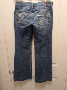 7 For All Mankind Blue Flare Jeans with Embroidered Back Pockets Dojo Wide Leg